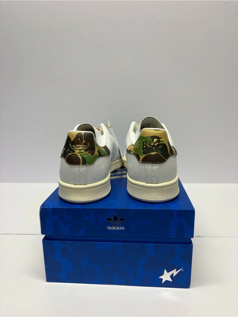 adidas Stan Smith White Sneakers with Gold Accents and Camo Heel